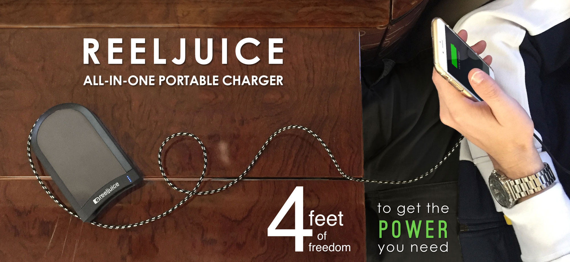 Reeljuice Portable Power Bank with 48 inch retractable charging cable